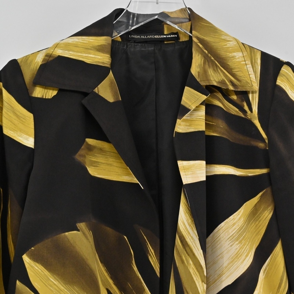 Linda Allard Ellen Tracy Tropical Blazer Womens Size 4 Black Gold Cotton Belted - Picture 11 of 16